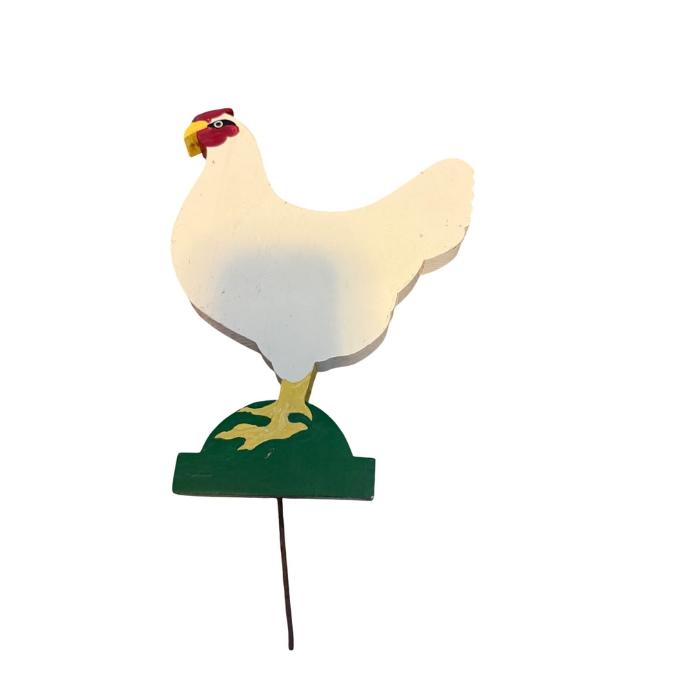 Vintage Wooden Chicken Garden Stake Farmhouse Folk Art Hen Yard Decor White